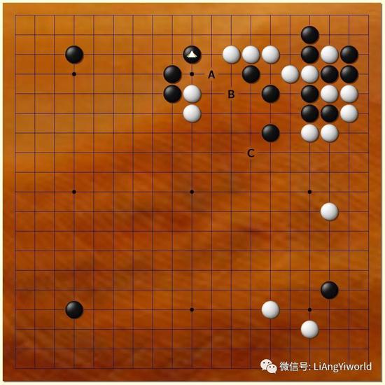 此时(黑33后),白可能有A-C的选点,哪个将是星阵的第一选择呢?