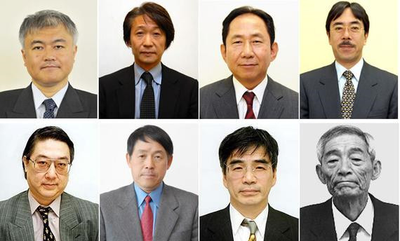 第一届中日围棋擂台赛日本队阵容。上排左起为依田纪基九段、小林觉九段、淡路修三九段、片冈聪九段,下排左起为石田章九段、小林光一九段、加藤正夫九段、藤泽秀行九段。